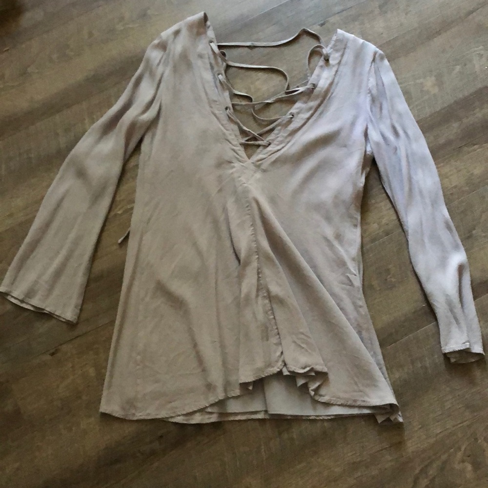 Tobi Medium Long Sleeve V Neck Lace Up Dress Blue Grey